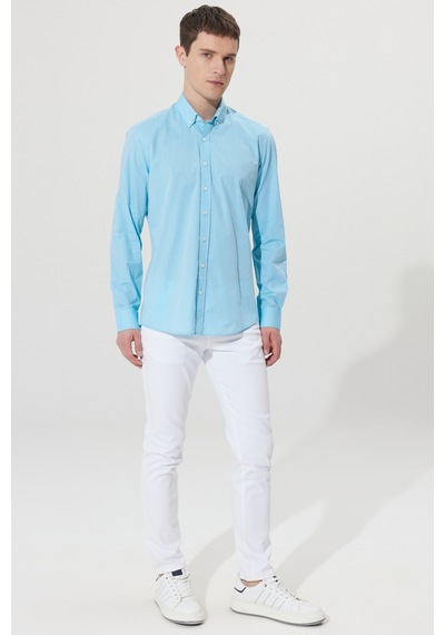 Erkek Turkuaz Slim Fit Dar Kesim %100 Pamuk Düğmeli Yaka Desenli Gömlek Turkuaz