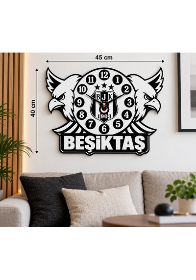 Beşiktaş Çift Kartal Duvar Saati 45x40 Cm 3 Mm Mdf Kişiye Özel İsimli Taraftar Dekorasyonu Siyah