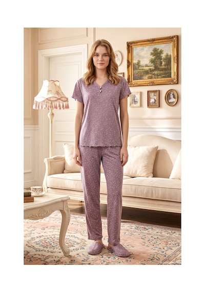 Aydoğan Kadın Kısa Kollu Önden Düğmeli Bambu Kumaş Pijama Takımı 240131 Lila