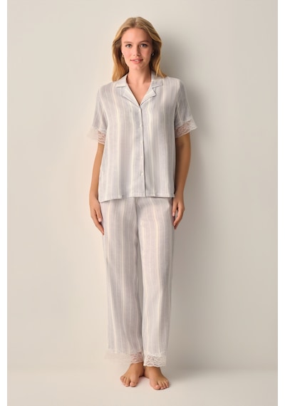 Suwen Princess Gömlek Yaka Pijama Takımı Sh26538660b1304 Gri Çizgi Desenli