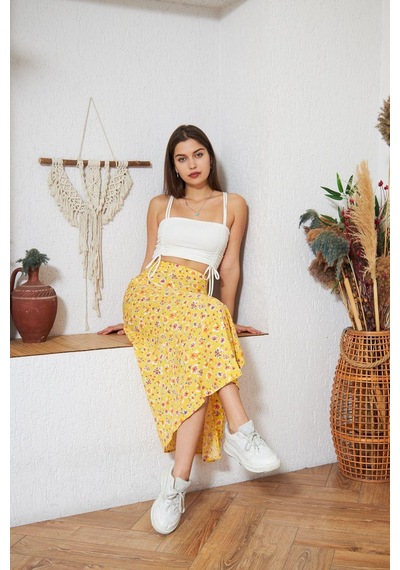 Darlin Moda Sarı Çiçek Desenli Yırtmaçlı Midi Etek DM2014 Sarı