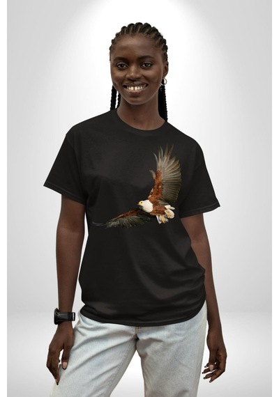 Kartal Özgürlük Pamuklu Bisiklet Yaka Unisex Oversize Boyfriend Dijital Baskılı Siyah T-shirt Siyah