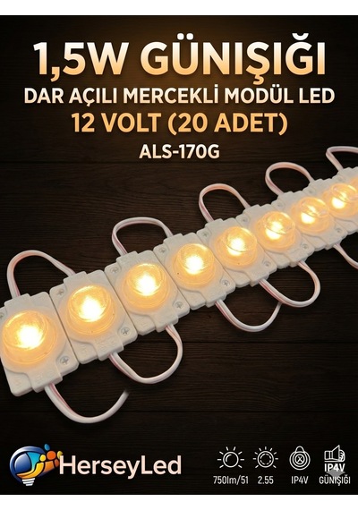 20 Adet 1,5w Günışığı Dar Açılı Manda Gözü Mercekli Modül Led 12 Volt Als-170g Günışığı