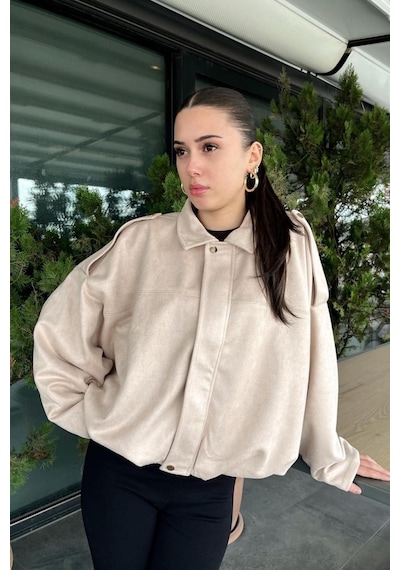 Prifaldi Premium Oversize Bej Süet Bomber Ceket