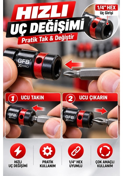 Gfb X-pro 1/2" Kare Giriş 1/4" Hex Çıkış Hızlı Değişim Dönüştürücü Adaptör Crv Açı