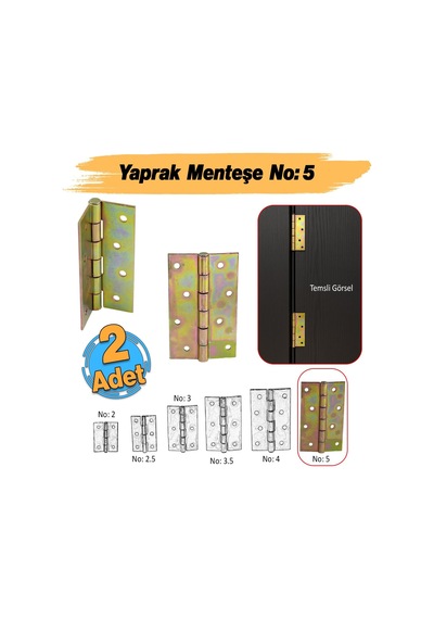 Metal Yaprak Menteşe 2 Adet Prinç Sarı No:5 Mobilya Pencere Kapı Dolap Pvc Menteşesi İki Kanatlı Diğer