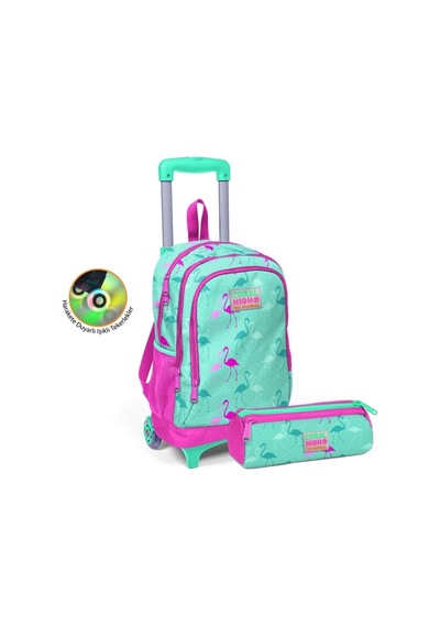 Kids Su Yeşili Neon Pembe Flamingo Desenli Çekçekli Çanta Seti Çanta-kalemlik Su Yeşili Çok Renkli