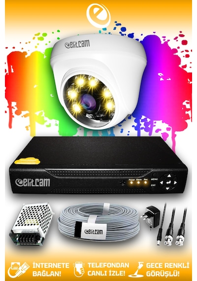 Elitcam 1 Kameralı Dome 1 İç Kamera Set HDD'siz Full HD Renkli Gece Görüşlü Güvenlik Kamerası Sistemi