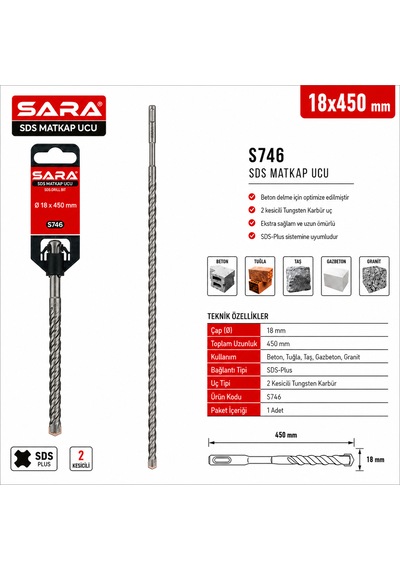 Sara S746 Sds Plus Matkap Ucu 18 X 450 Mm, 2 Kesicili Tungsten Karbür Uçlu