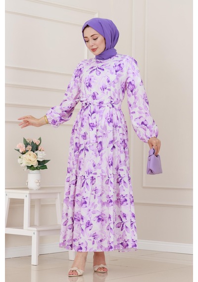 Sevitli Yarım Düğmeli Lotus Elbise-mor-5246 Mor