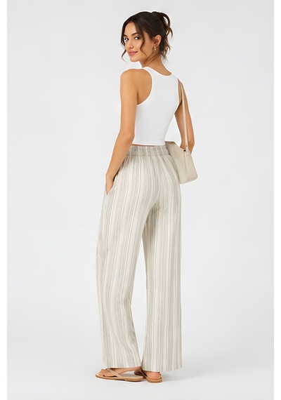 Lili Woman Kadın Yüksek Bel Çizgili Keten Karışımlı Relax Fit Pantolon E.kp01 Ekru