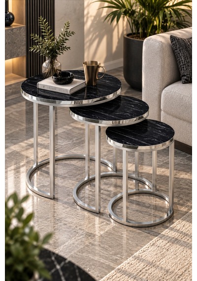 Sulorahome Siyah Mermer Desenli Gümüş Metal Ayaklı 3'lü Zigon Sehpa Takımı