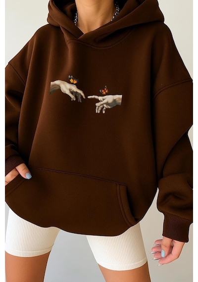Benroma 3 İplik Penye El Parmak Unisex Kapüşonlu Sweat Kahverengi