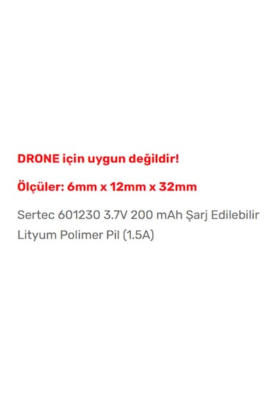 Sertec 601230 3.7V 200 mAh Şarj Edilebilir Lityum Polimer Pil
