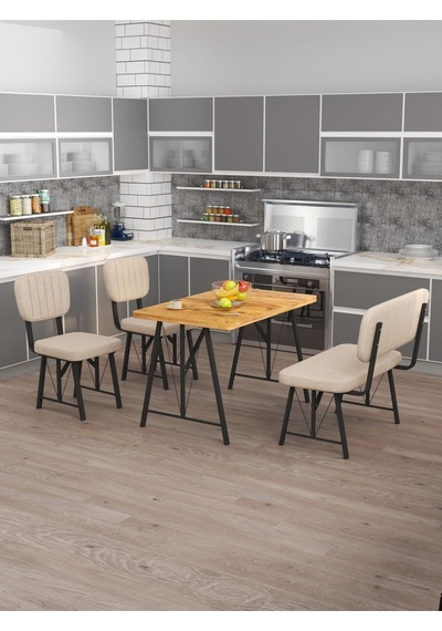 Hayat 70x110 Atlantik Mutfak Masası, Mutfak Masası Takımı, Yemek Masası, 2 Sandalye 1 Bench - Krem Krem