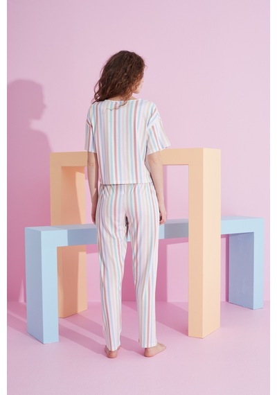 Siyah İnci Likralı Örme Pijama Takım 7800 Çizgi Desen