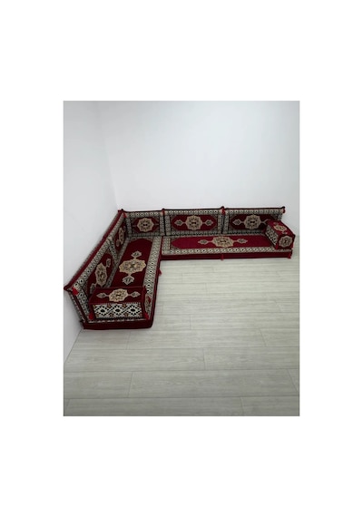Güneş Modeli Bordo Otantik Şark Köşesi Takımı L Set - Geleneksel Yer Minderi Seti 10 Cm Minder Kalınlığı 9 Parça