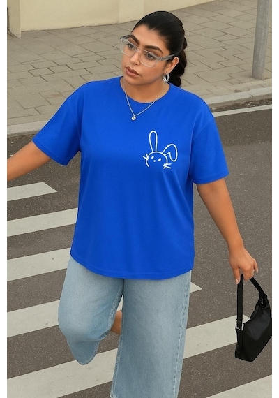 Büyük Beden Tavşan Baskılı Unisex Tişört Saks Mavisi
