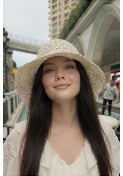 Mollycrush Kadın Bej Hasır Papatya İşlemeli Yazlık Bucket Güneş Koruycu Kova Plaj Şapkası Bej