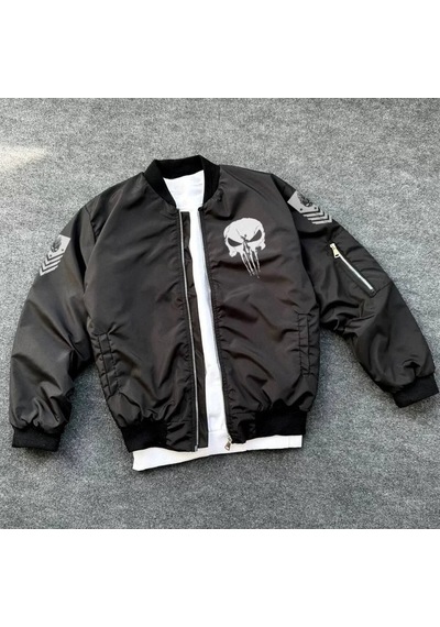 Yake Store Unisex Uzun Kol Kuru Kafa Baskılı Bomber Ceket - Siyah - Siyah