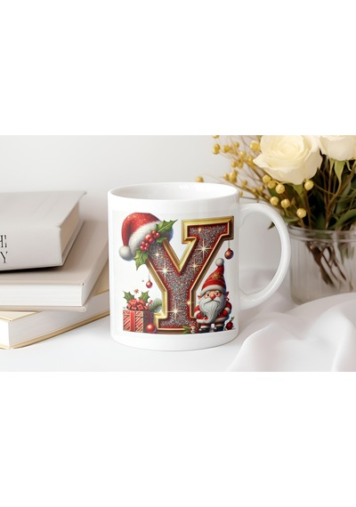 Y Harfi Cüce Noel Baba Figürlü Kupa Bardak - Yeni Yıl / Yılbaşı Temalı Işıltılı Alfabe Tasarım Beyaz
