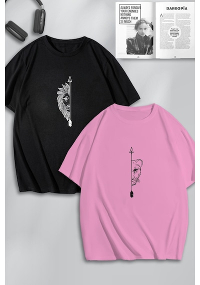 Unisex Kadın Erkek Aslan Ok Baskılı Sevgili Çift Kombini Tasarım Oversize Tshirt 2li Pembe Siyah Mck0205 Çok Renkli
