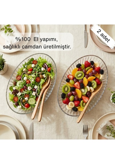 Selen Concept Riva Model El Yapımı Cam Salata Kasesi ve Meyvelik 2'li Set