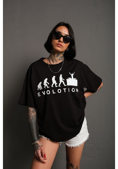 Technomonkey Siyah Oversize Evolution Baskılı Unisex Tişört