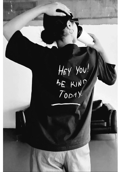 Kadın Baskılı T-shirt Kısa Kol Bisiklet Yaka Ovarsize Rahat Kalıp Tişört T-shirt - Siyah Siyah