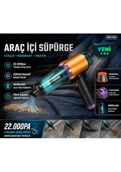 Nivego Araç Ve El Süpürgesi 22.000 Pa Güçlü Çekme Ve Üfleme 7 Parça 9000 Mah Şarjlı Ev Araç Ofis Çok Fonksiyonlu Süpürge Siyah