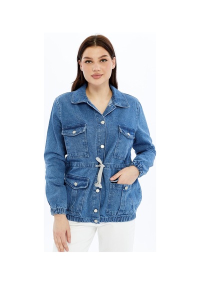Selectmoda Kadın Denim Cepli Kot Ceket Mont Mavi
