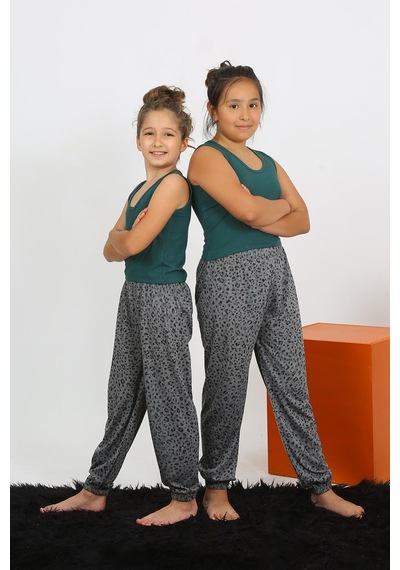 Akbeniz Kız Çocuk Sıfır Kol Zümrüt Yeşili Penye Pijama Takım 20433