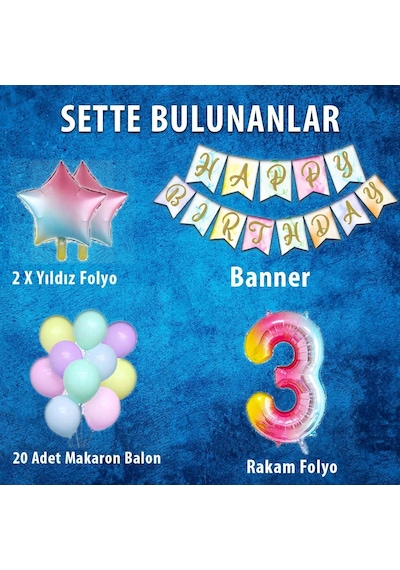 Gökkuşağı Konsepti 3 Yaş Doğum Günü Parti Kutlama Seti Rakam Ve