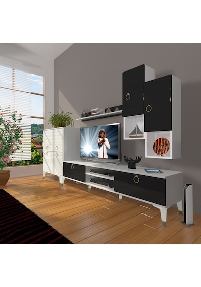 Decoraktiv Eko 6da Mdf Dvd Gold Tv Ünitesi Tv Sehpası Beyaz - Siyah