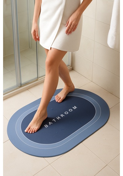 Buççin Online Mağaza Kaymaz Tabanlı Su Emici Banyo Paspası Oval Tasarım, 57x38 Cm Pamuk Mavi Belirtilmemiş Çok Renkli