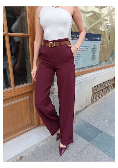 Kechi Woman Double Kumaş Bol Paça Kemerli Pantolon Bordo