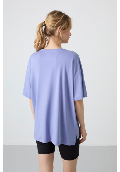 Tommy Life Açık Eflatun Penye Modal Yumuşak Tuşeli Oversize Fit Basic Kadın T-shirt- 97285 Eflatun
