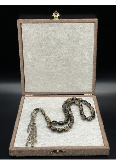 Onurlu Tesbihane Golden Rozalin Uçak Camı Tesbih Siyah 8x12 Mm Erkek Tesbihi Gümüş