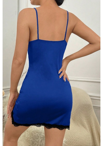 Ang Butik Kadın Mavi Göğsü Ve Bacakları Dantelli Yırtmaçlı Şık Gecelik