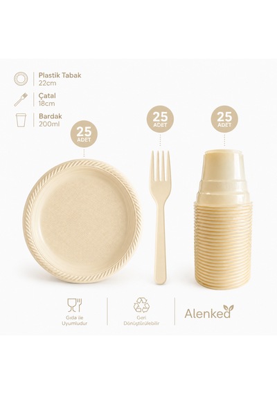 Krem 3 Lü Plastik Tabak Bardak Çatal Seti 25 Kişilik