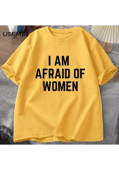 Flood Of Style Ben Korkuyorum Kadın T Shirt Erkekler İçin Komik Adam Pamuk Tişörtleri Yaz Rahat Kısa Kollu T Sarı