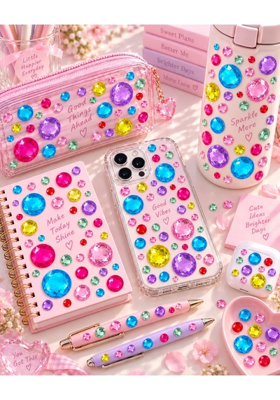 Renkli Taş Rhinestone Sticker Yapışkanlı Saç, Yüz, Tırnak, Vücut Ve Süs Taşı Pembe