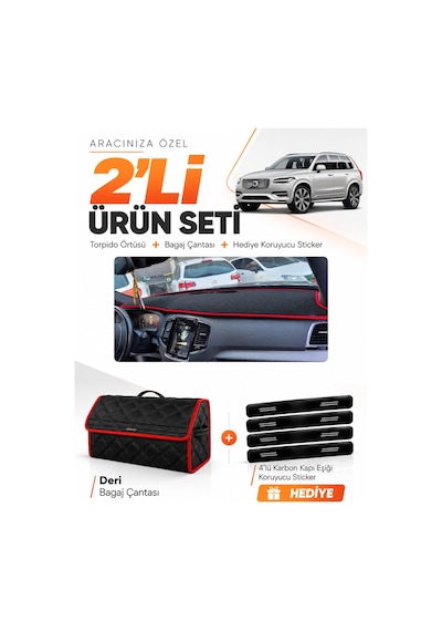 Volvo Xc-90 2015-2024 Uyumlu Torpido Örtüsü + Deri Bagaj Çantası + Sticker Seti - Siyah Kırmızı
