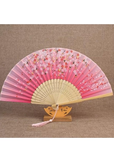 Beluga Yelpaze Bambu Kumaş Serinletici Vintage Pembe Çiçekli Şık Dekorasyon Püsküllü Japon Yelpaze 0389