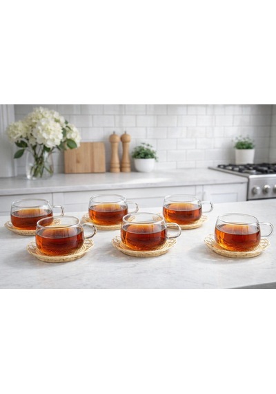 Qerhome 6'lı Borosilikat Cam Bambu El Yapımı Rattan Tabaklı Çay Ve Kahve Fincanı180 Ml Şeffaf