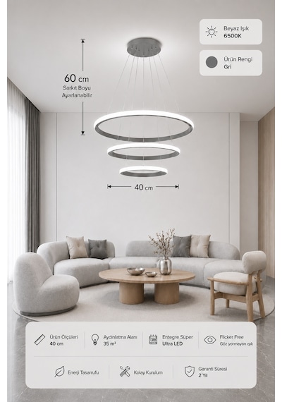 Rizon 3 Lü Led Sarkıt Avize Beyaz Işık Gri