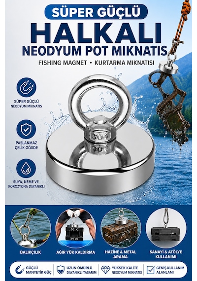 Süper Güçlü Neodyum Pot Mıknatıs 60mm - Halkalı Kurtarma Ve Fishing Magnet