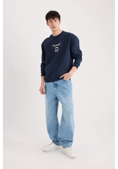 DeFacto Van Gogh Boxy Fit Bisiklet Yaka Sırt Baskılı Sweatshirt E3203AX24WNNV71 Lacivert