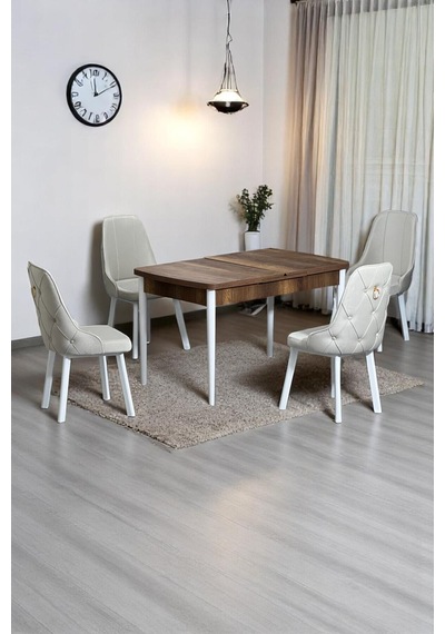 Monera Ceviz 80 x 132 Açılabilen MDF Masa Metal Ayaklı Mutfak Masası Takımı 4 Krem Sandalye Monera Ceviz 80 x 132 Açılabilen MDF Masa Metal Ayaklı Mutfak Masası Takımı 4 Krem Sandalye