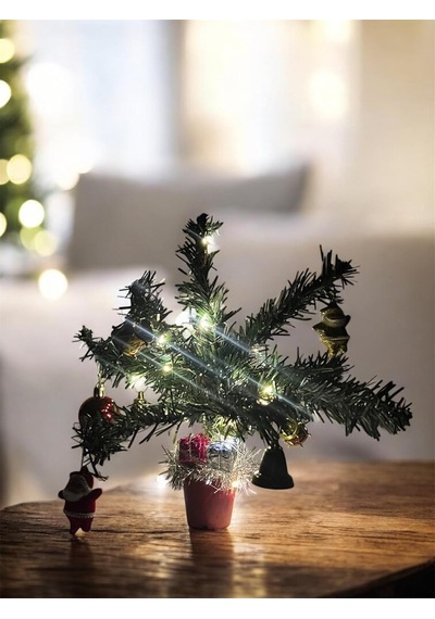 Bukıro Mini Yılbaşı Ağacı, Led Işıklı, Kırmızı Saksılı, Yeşil Ve Kırmızı, 25 Cm, Plastik Yapay Çam, No Diğer